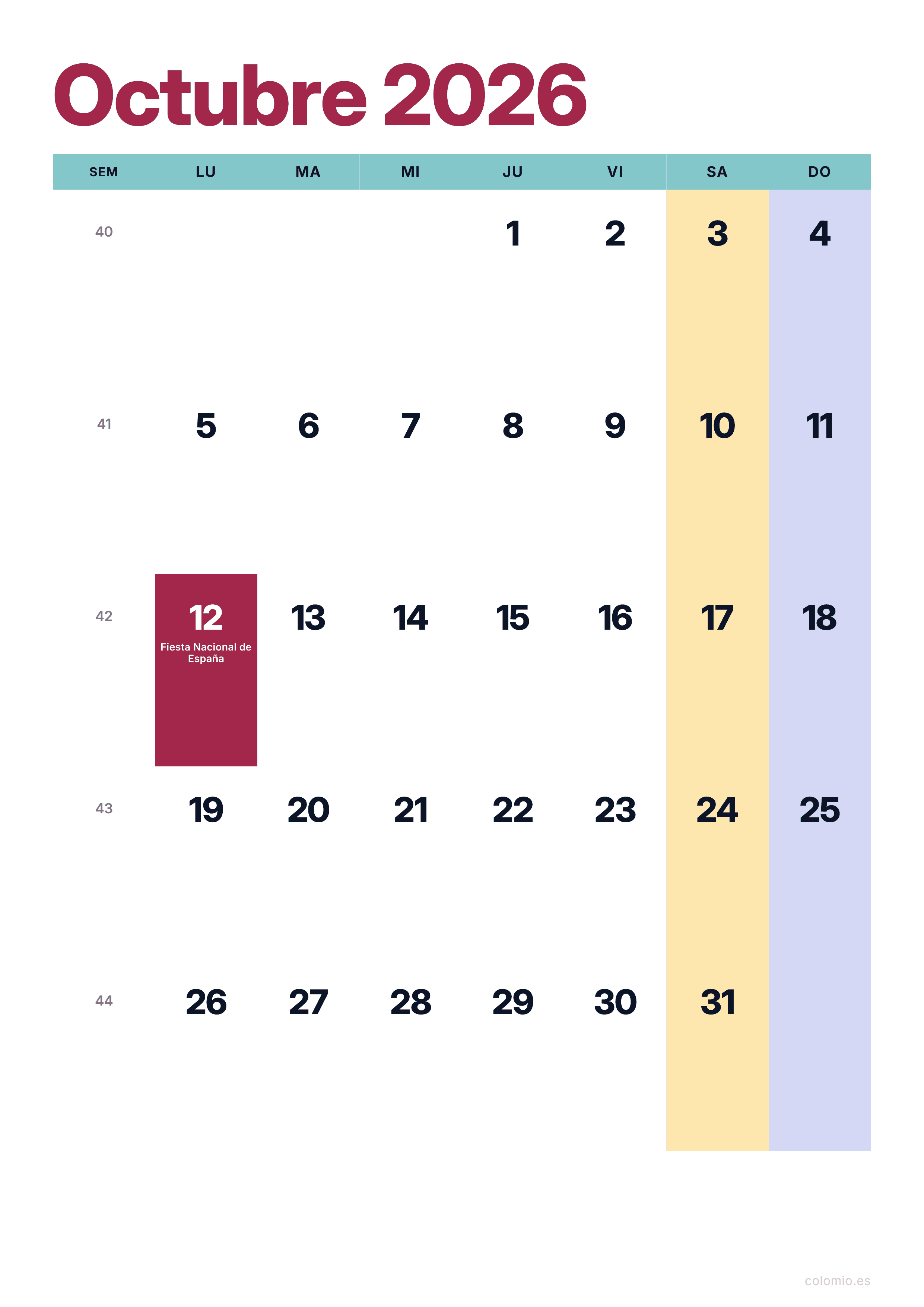 Calendario Octubre 2026 De Espa a Para Imprimir Con Festivos PDF PNG 